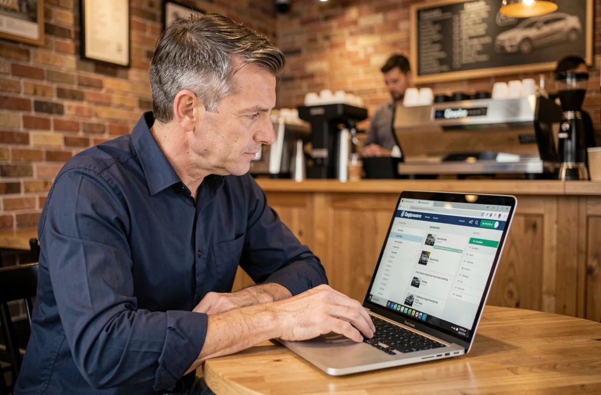 Homme consultant le plan du site d'un site auto depuis un café avec un ordinateur portable