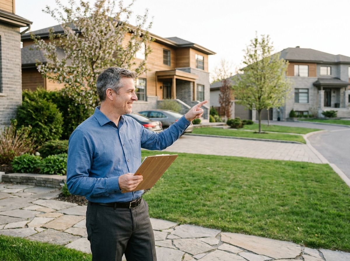 Homme souriant pointant vers une maison en extérieur
