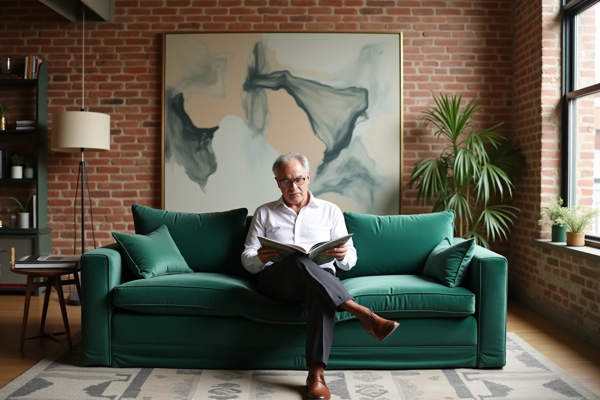 Homme lisant un magazine dans un loft industriel