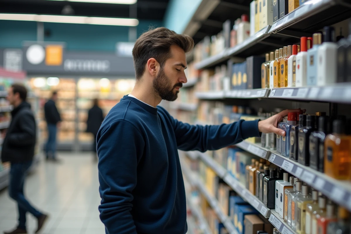 Homme choisissant un flacon de parfum dans un rayon de supermarché discount, illustrant les équivalences de parfums Lidl accessibles en 2026