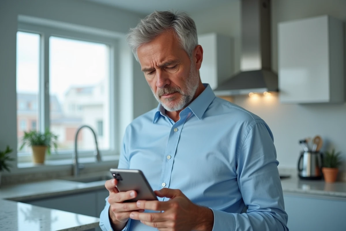 Homme tenant un smartphone affichant un message de compte inaccessible dans une cuisine moderne