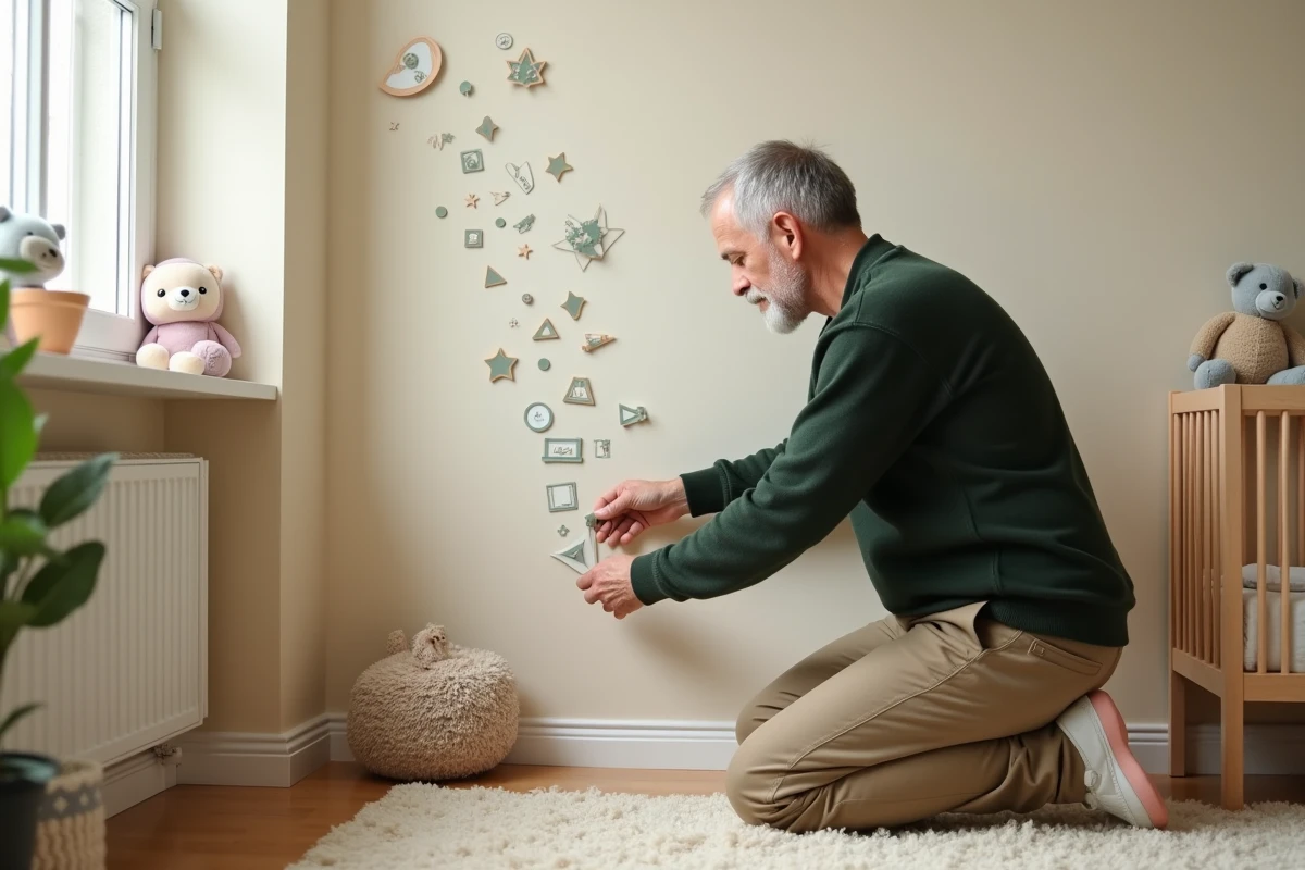 Homme posant des stickers géométriques dans une chambre d