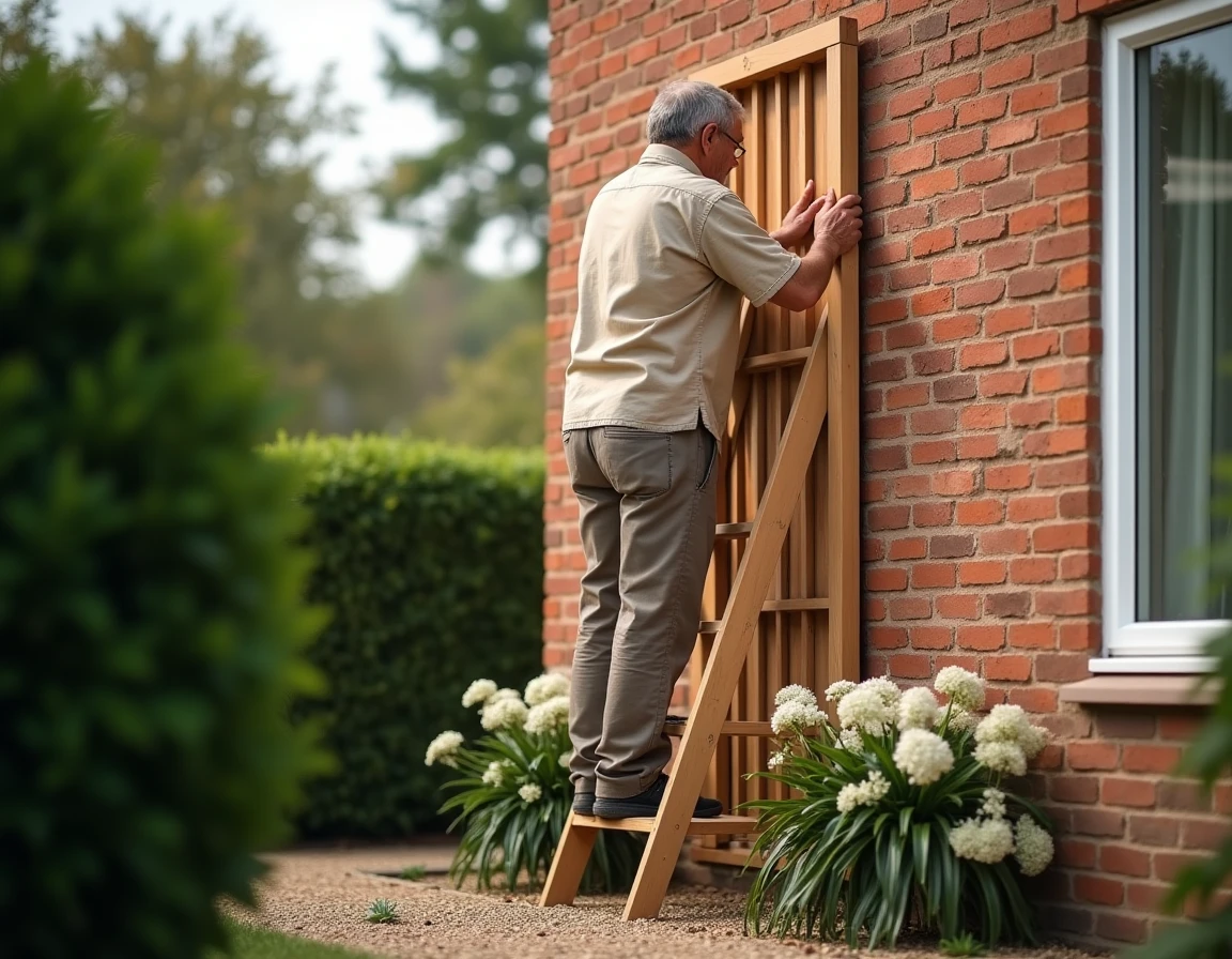 Homme installant un treillis en bois sur un mur en briques pour faire grimper un jasmin étoilé dans un jardin de banlieue