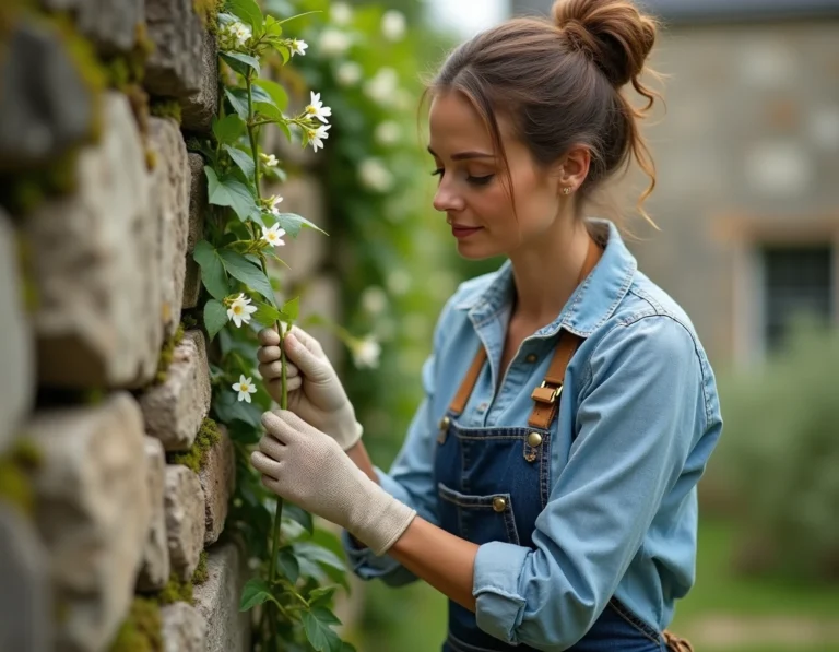 Femme attachant des tiges de jasmin étoilé sur un mur en pierre avec de la ficelle de jute dans un jardin français