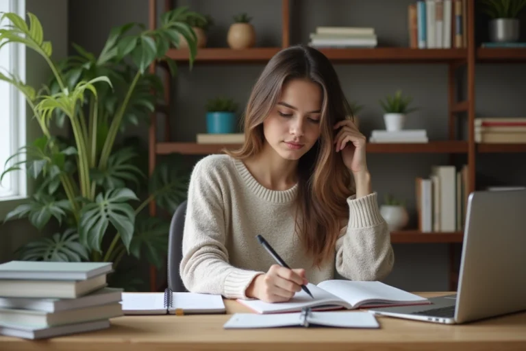 Jeune femme concentrée en bureau avec livres et ordinateur