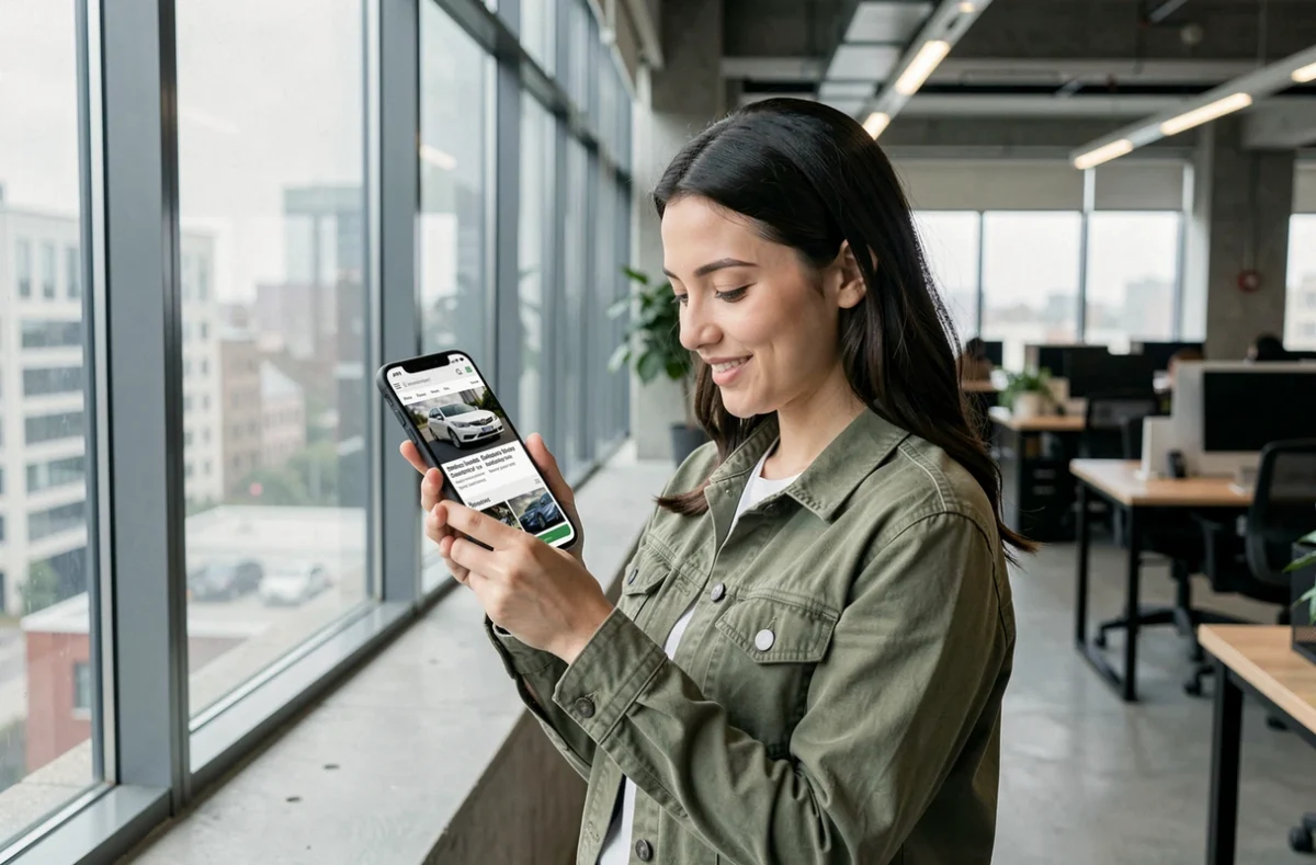 Jeune femme utilisant un smartphone pour explorer le plan de navigation d'un site automobile