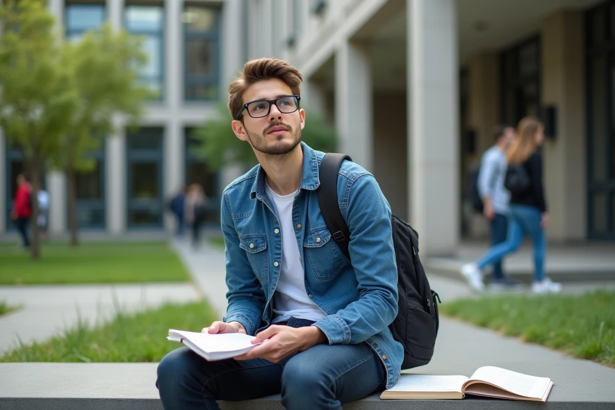Jeune homme étudiant dehors près d un bâtiment universitaire