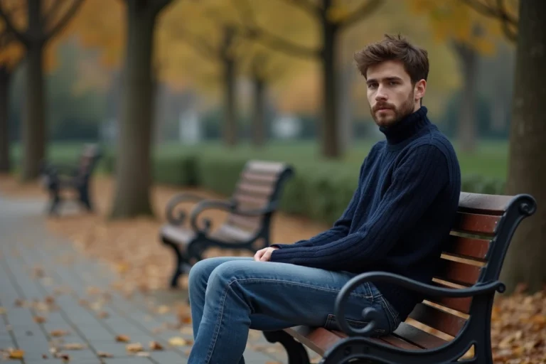 Jeune homme pensif assis sur un banc dans un parc urbain