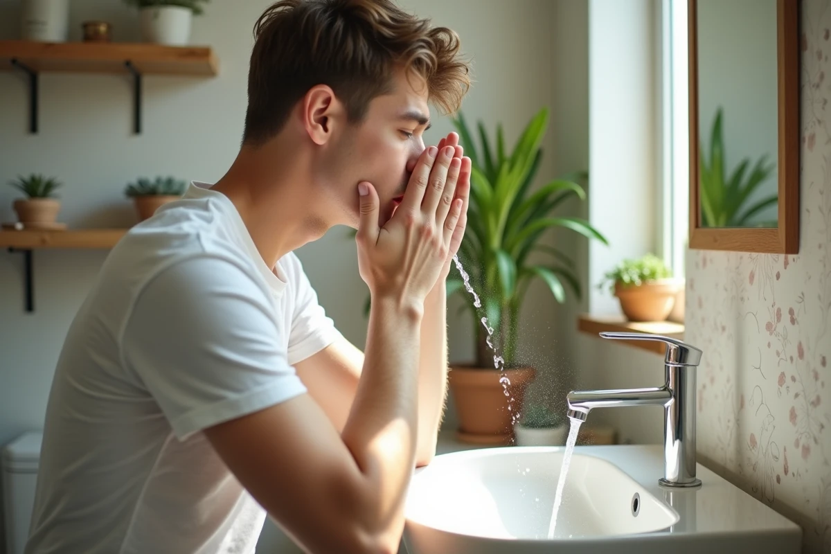 Jeune homme rinçant son visage dans une salle de bain lumineuse