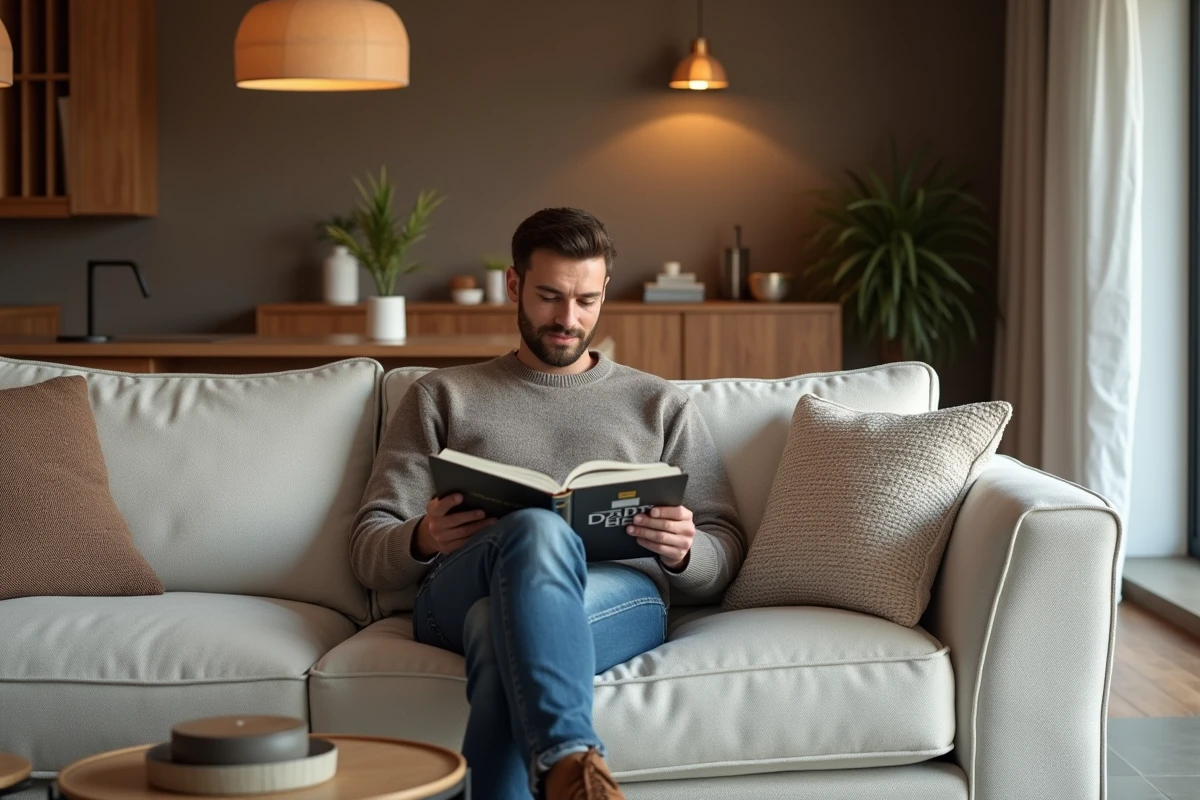 Jeune homme relaxant sur canapé boucle en lisant un livre de design intérieur