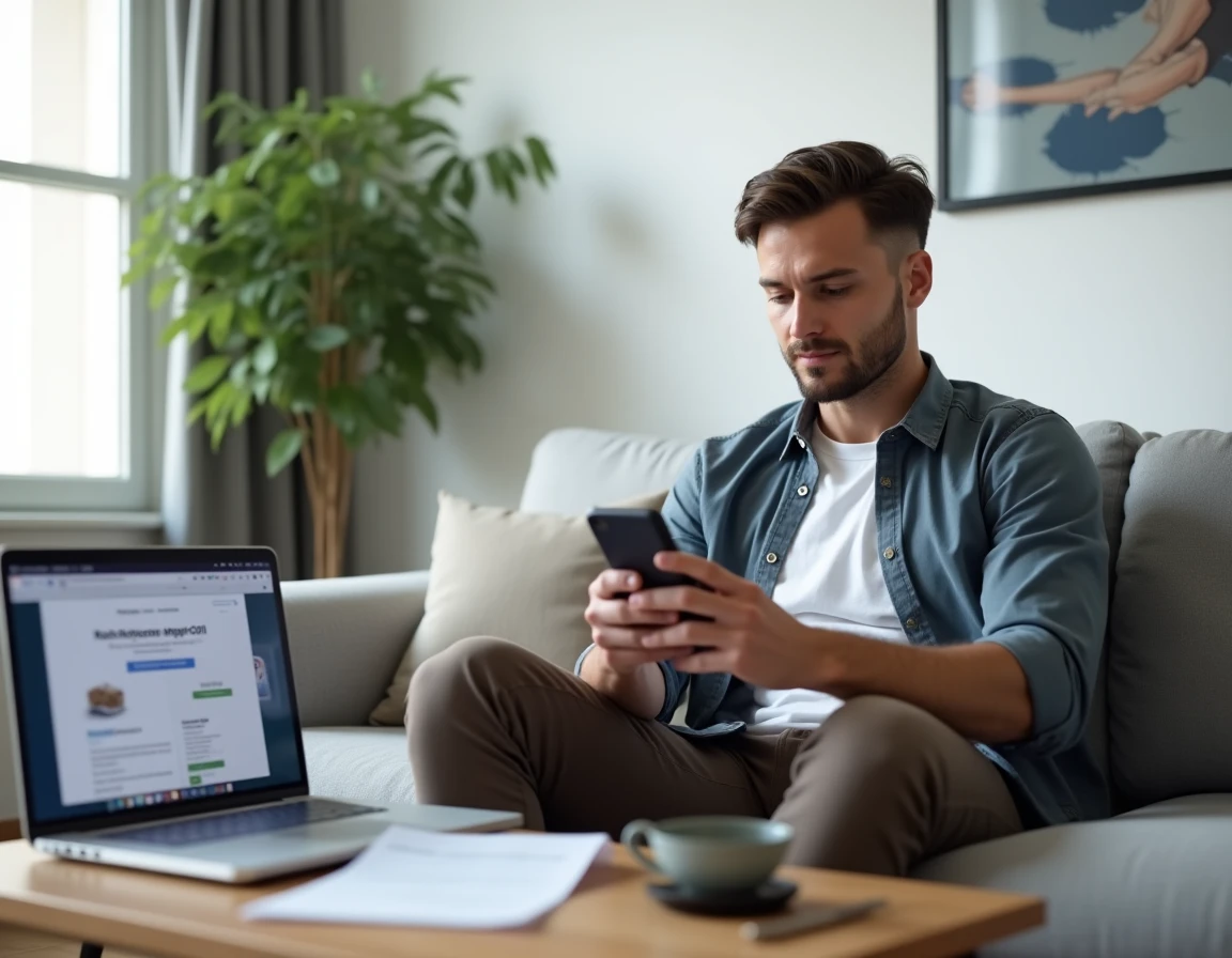 Jeune homme consultant son application bancaire et le site France Travail pour mettre à jour son RIB
