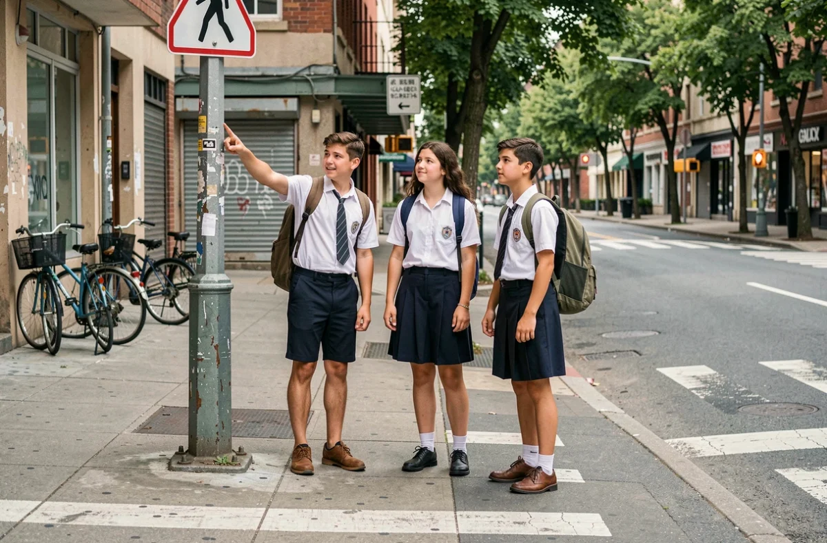 Groupe de jeunes observant un panneau de sécurité routière en milieu urbain