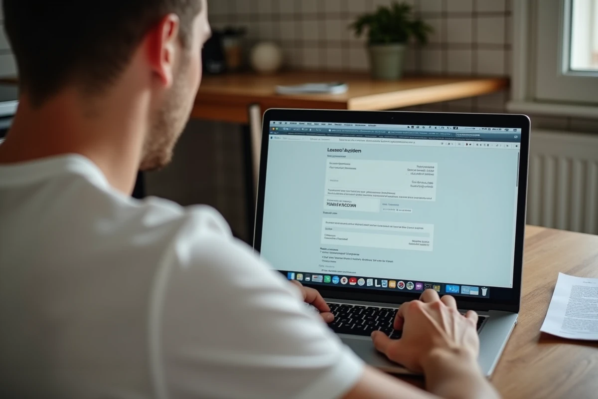 Jeune locataire remplissant une demande de quittance de loyer en ligne sur son ordinateur