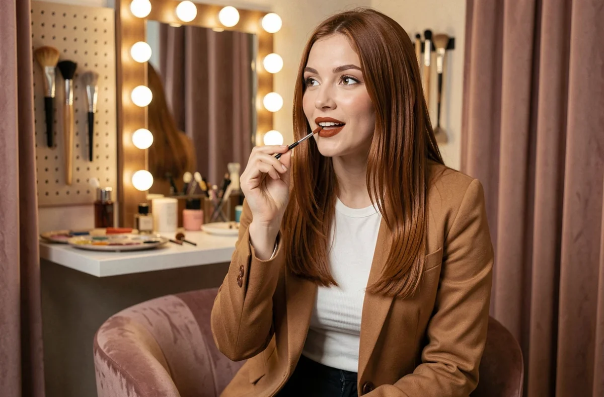 Jeune femme appliquant un rouge à lèvres terracotta dans un dressing décoré avec miroir Hollywood, tendance maquillage lèvres colorées