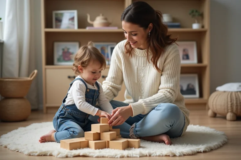 Mère et enfant en bas âge jouant avec des cubes en bois sur le sol d'un salon scandinave chaleureux