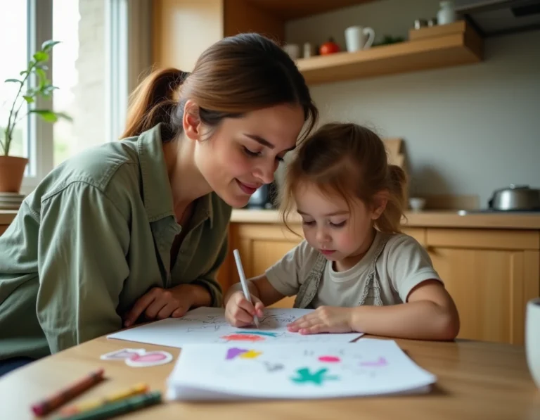 Mère et fille partageant un moment créatif de dessin ensemble dans une cuisine familiale chaleureuse