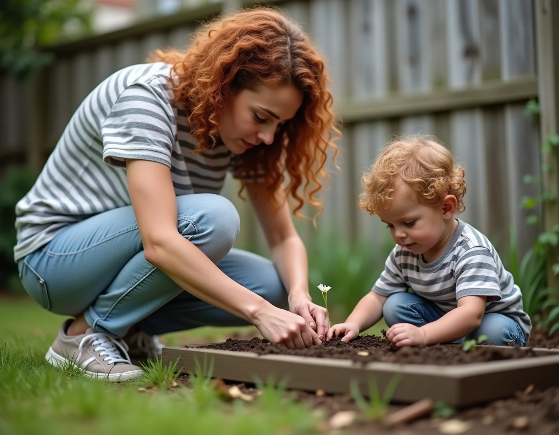 Mère et fils jardinant ensemble dans un potager familial en plein air lors d'un moment complice