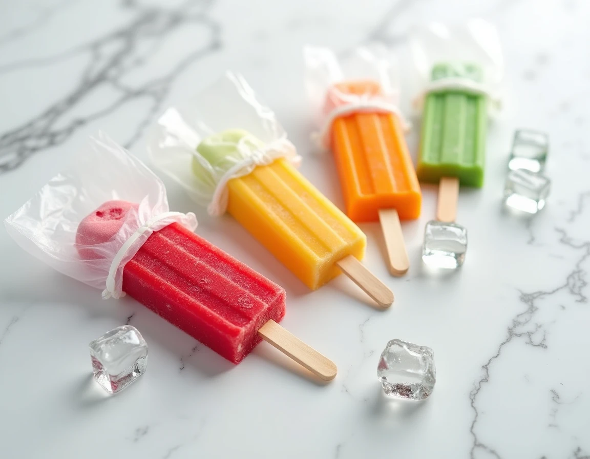Three Mister Freeze of different colors melting on a white marble counter