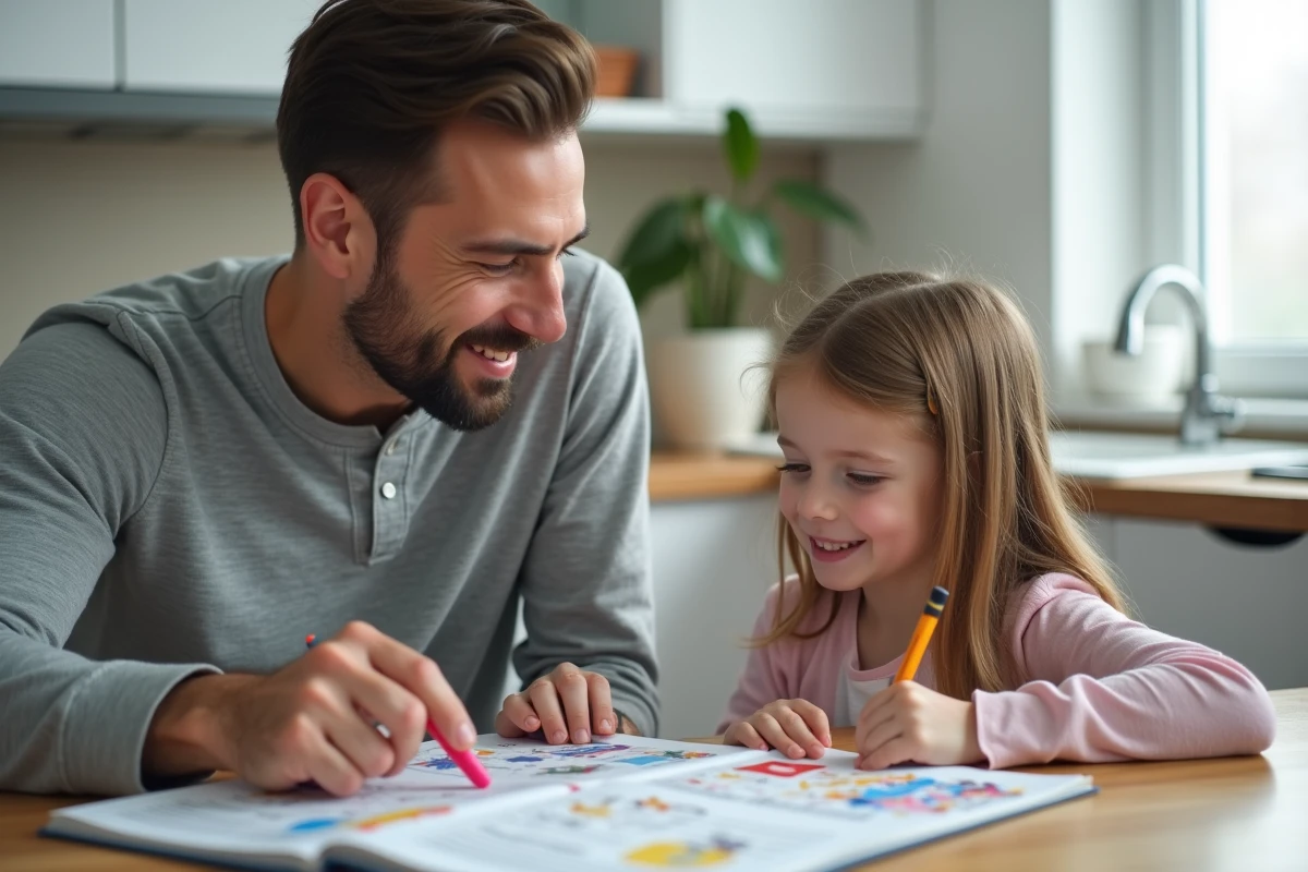 Père aidant sa fille à faire ses devoirs à la table de la cuisine dans un cadre familial moderne