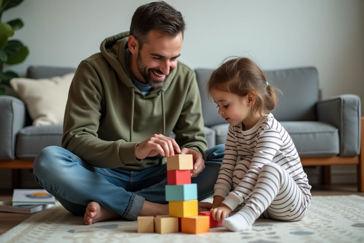 Father and daughter playing together on the living room floor, a moment of complicity and family connection in daily life