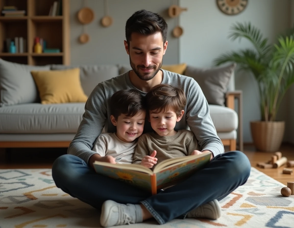 Père lisant un livre illustré à ses deux fils dans un salon familial confortable et authentique