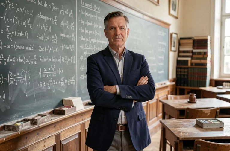 Professeur de classe préparatoire debout devant un tableau rempli d'équations, illustrant le métier et la carrière en prépa