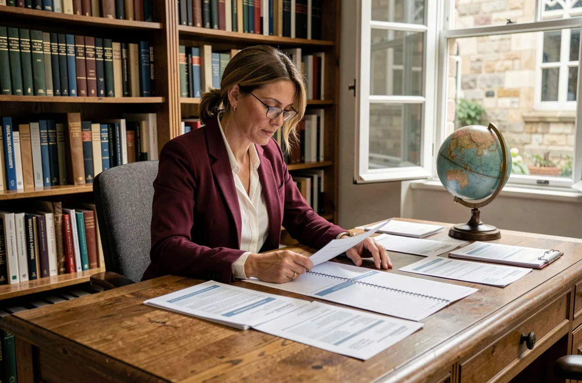 Professeure en prépa consultant des documents sur l'évolution de carrière et les grilles de salaire dans un bureau académique
