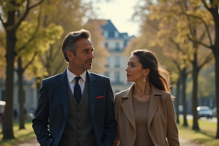 Homme et femme élégants se promenant dans un parc parisien