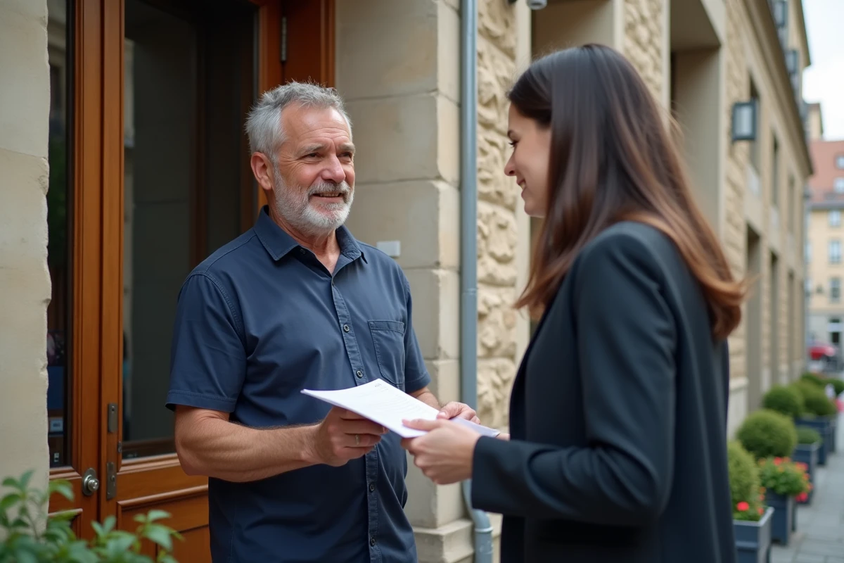 Propriétaire remettant une quittance de loyer à sa locataire devant un immeuble