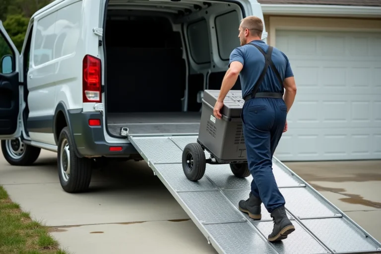 Homme utilisant une rampe de chargement en aluminium pour monter une charge dans un utilitaire blanc