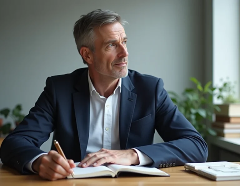 Dirigeant en reconversion professionnelle réfléchissant à son nouveau positionnement dans un bureau moderne