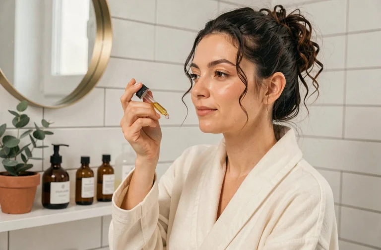 Femme aux cheveux bouclés appliquant un sérum sur sa peau dans une salle de bain minimaliste scandinave, routine beauté quotidienne