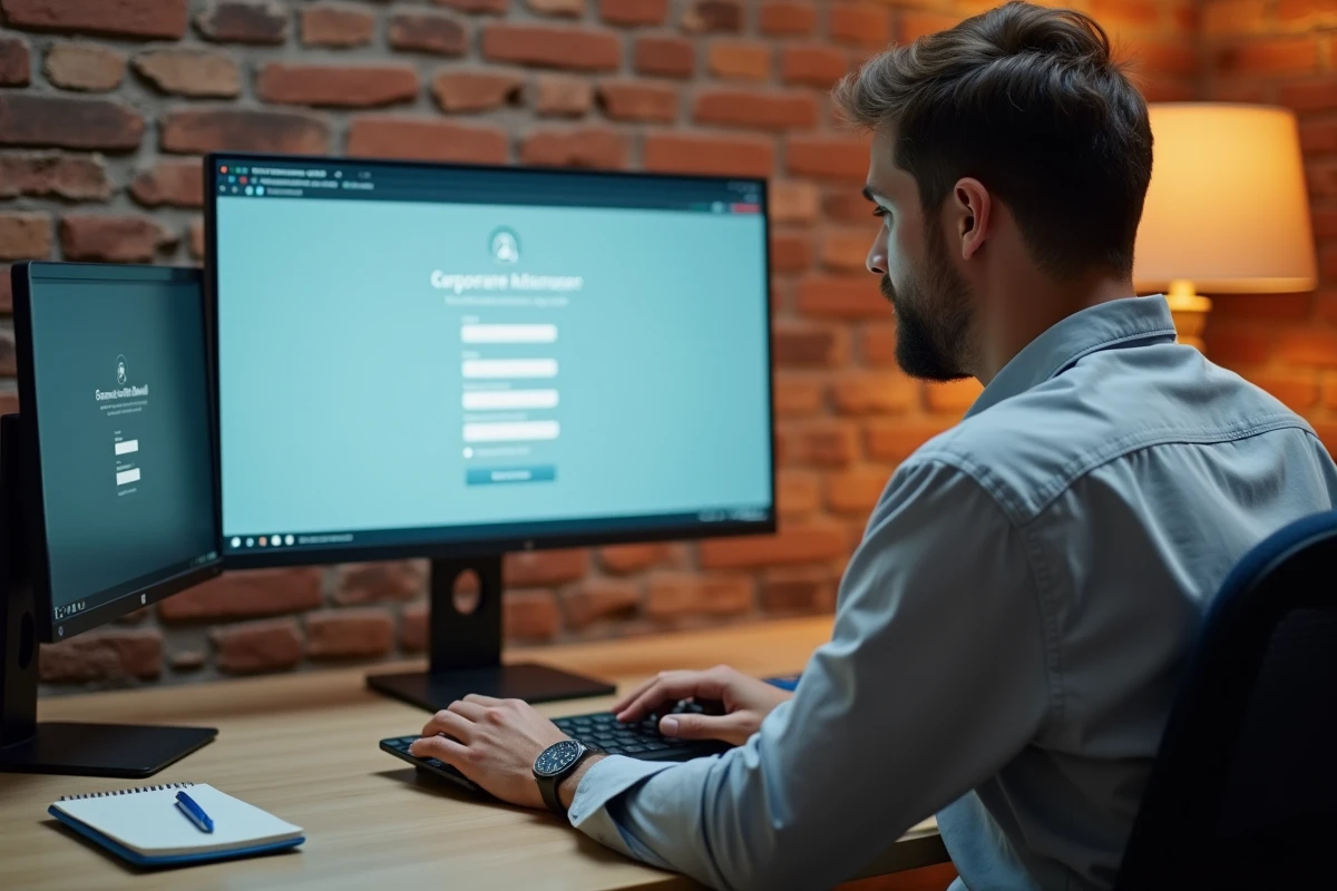 Homme en télétravail sécurisant sa connexion à l'intranet d'entreprise sur un poste de travail double écran avec clé USB de sécurité