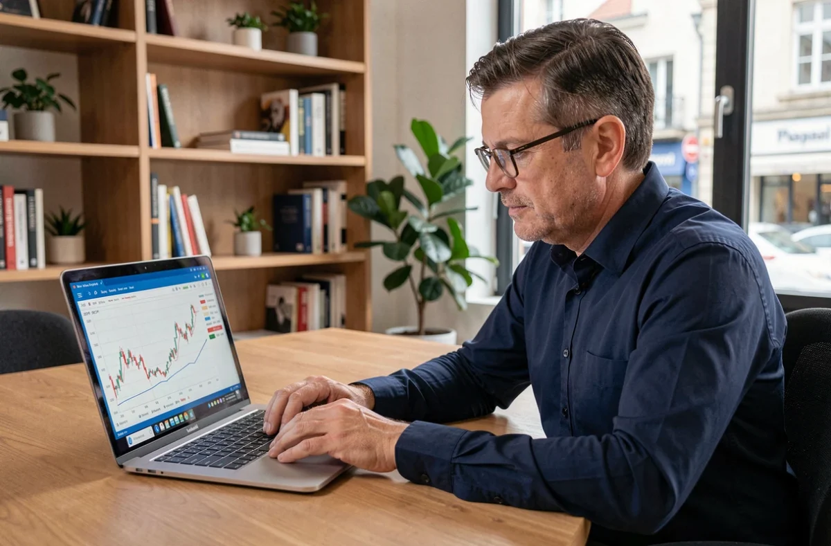 Homme utilisant un simulateur de rendement SCPI sur un ordinateur portable dans un bureau à domicile