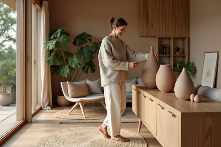 Femme souriante dans un salon contemporain avec vases en céramique